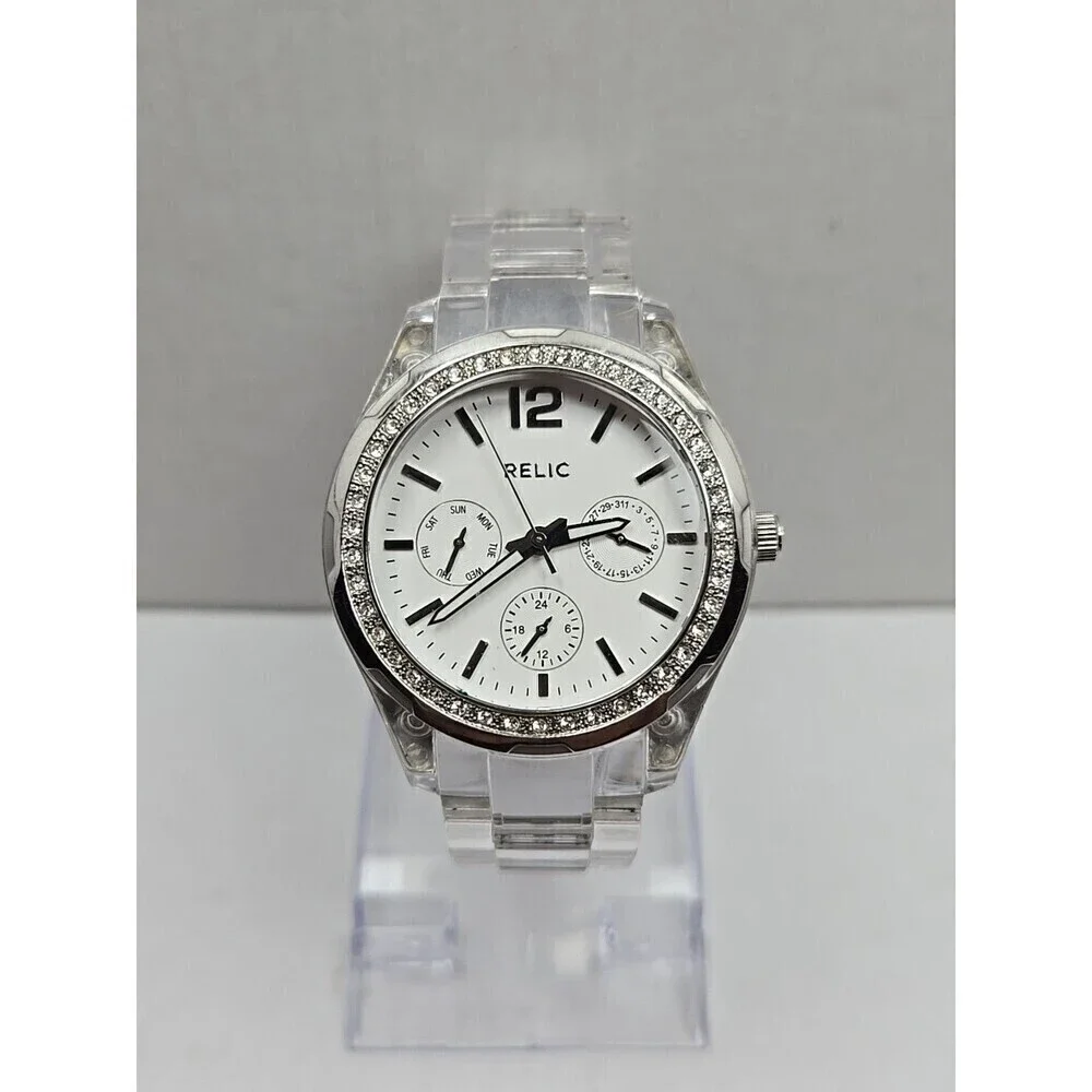 Relic Watch Women 38mm Pave Silver Tone White MOP Dial ZR11904 New Battery